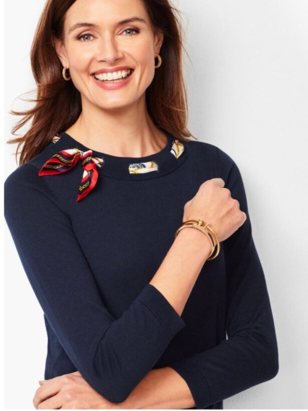TALBOTS SILK SCARF NAVY BLUE CREW NECK SWEATER - Picture 2 of 10